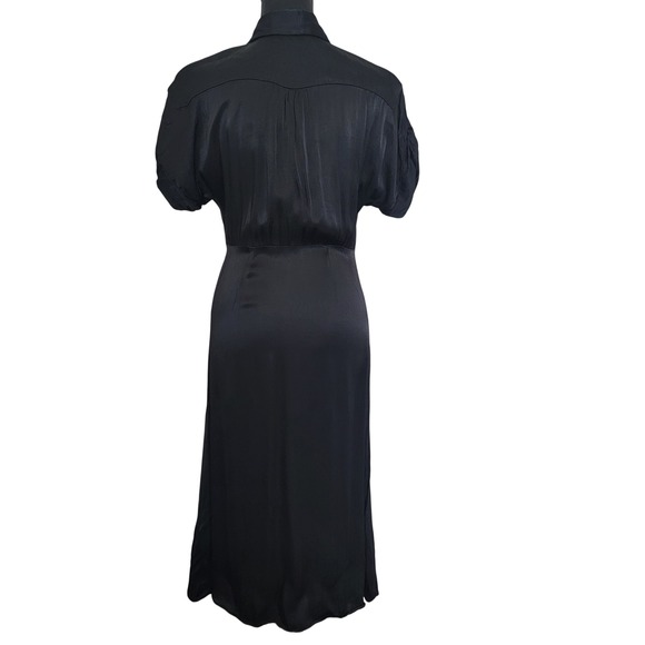 Mango Suit Black Midi Pearl Snap Button Up Collar Short Sleeve Satin Dress Small - Picture 2 of 16